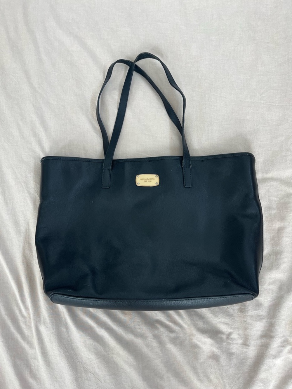 Michael Kors Black Leather Tote with Gold Plaque